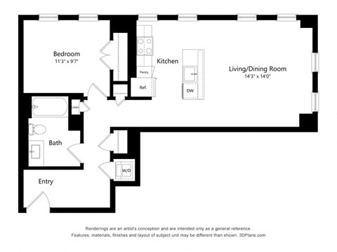 Floor plan for 1 bed, 1 bath, 778 sqft